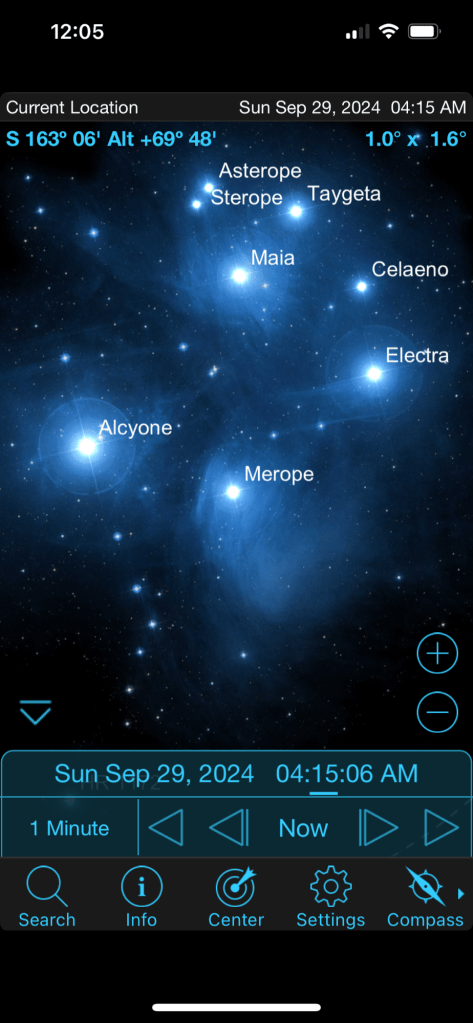 Celestron Sky Portal View of Pleaides September 29 2024